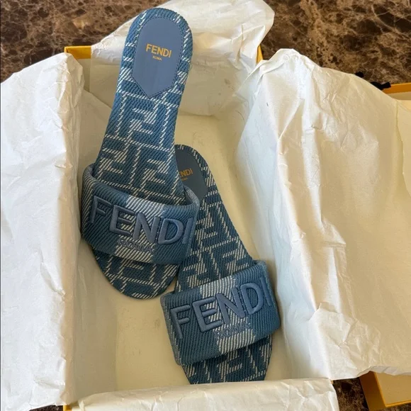 Fendi denim logo sandals flats slides blue striped canvas sz 38 - Picture 6 of 9